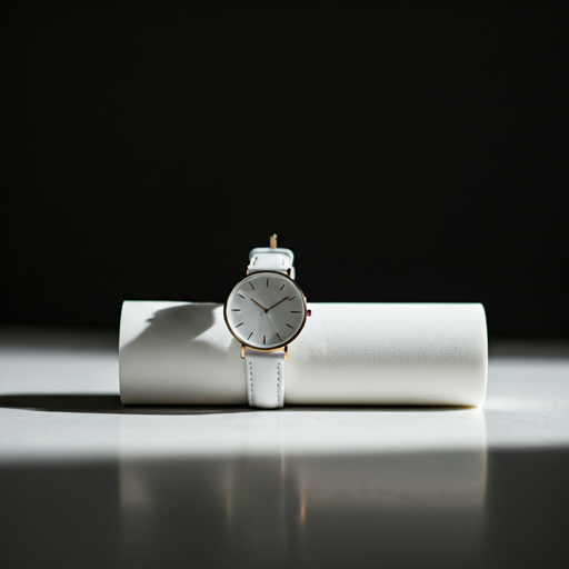 Minimalist white watch product photography on clean surface